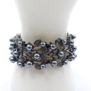 Vintage Style Stretch Bracelet Silver Tone Metal Black Beads Grey Faux Pearls